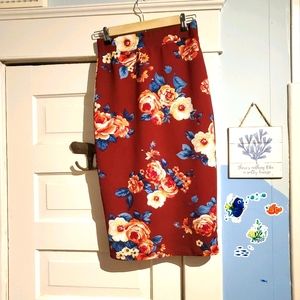 Iris maroon Floral Rose Stretch Pencil Skirt Adult